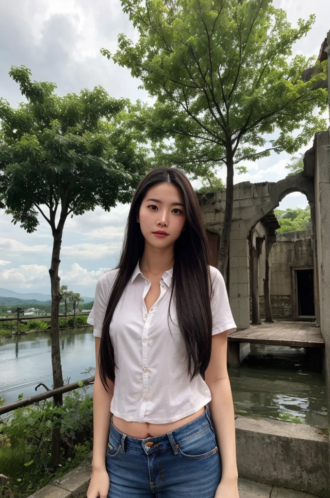 Thai Woman, look at viewer, slightly fat, long hair, shirt, jeans, cloud, day, sky, outdoor, ruins, scenery, tree, water,