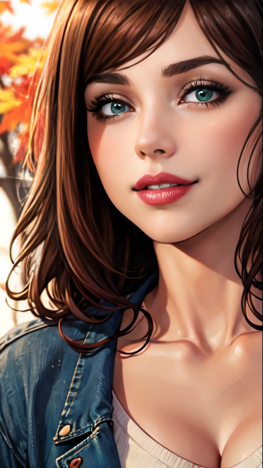 Masterpiece, raw, beautiful art, professional artist, 8k, art style by sciamano240, very detailed face, very detailed hair, (1girl), caressing each other, perfectly drawn body, beautiful face, long brown hair , very detailed light green eyes , rosey cheeks, intricate details in eyes, sultry smile, looking directly at viewer , happy expression, lipstick, very close up on face, wearing jacket ,sweater, sunny fall setting,