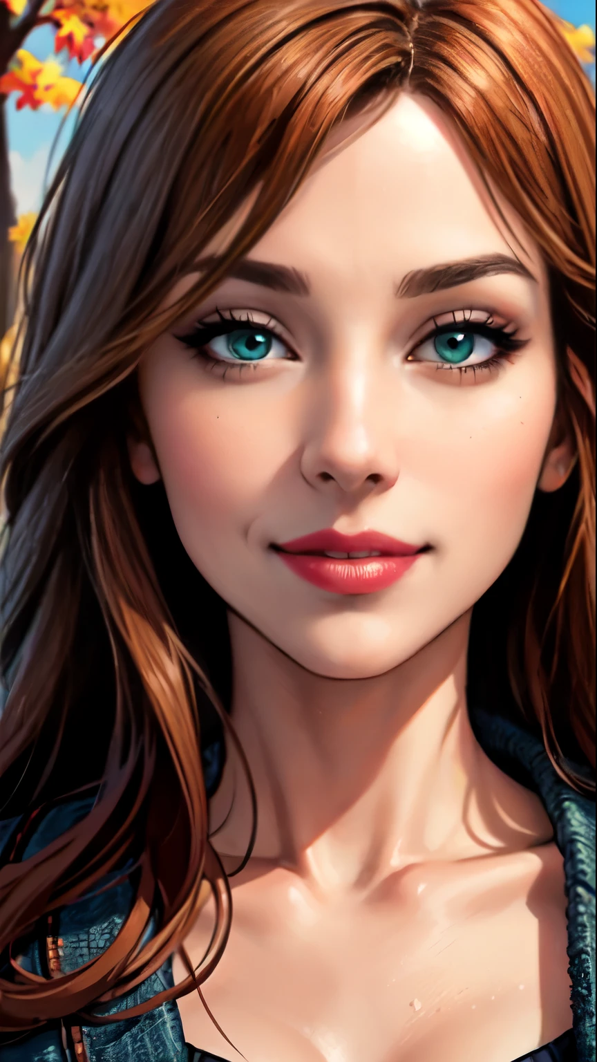 Masterpiece, raw, beautiful art, professional artist, 8k, art style by sciamano240, very detailed face, very detailed hair, (1girl), caressing each other, perfectly drawn body, beautiful face, long brown hair , very detailed light green eyes , rosey cheeks, intricate details in eyes, sultry smile, looking directly at viewer , happy expression, lipstick, very close up on face, wearing jacket ,sweater, sunny fall setting,