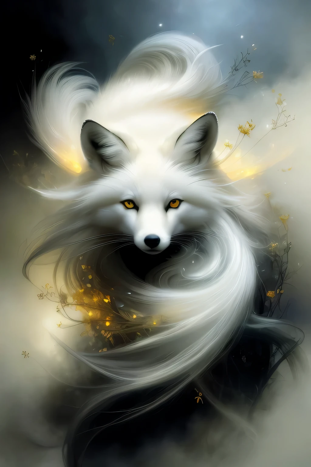 (masterpiece, high quality, best resolution), a painting of a white fox with long hair and yellow eyes, ethereal fox, fantasy, mystic, beautiful, animal, by Ryohei Hase, whimsical silver fox, UHD, 8k, detailed digital art, stylised appearance, stunning artwork, mysterious,