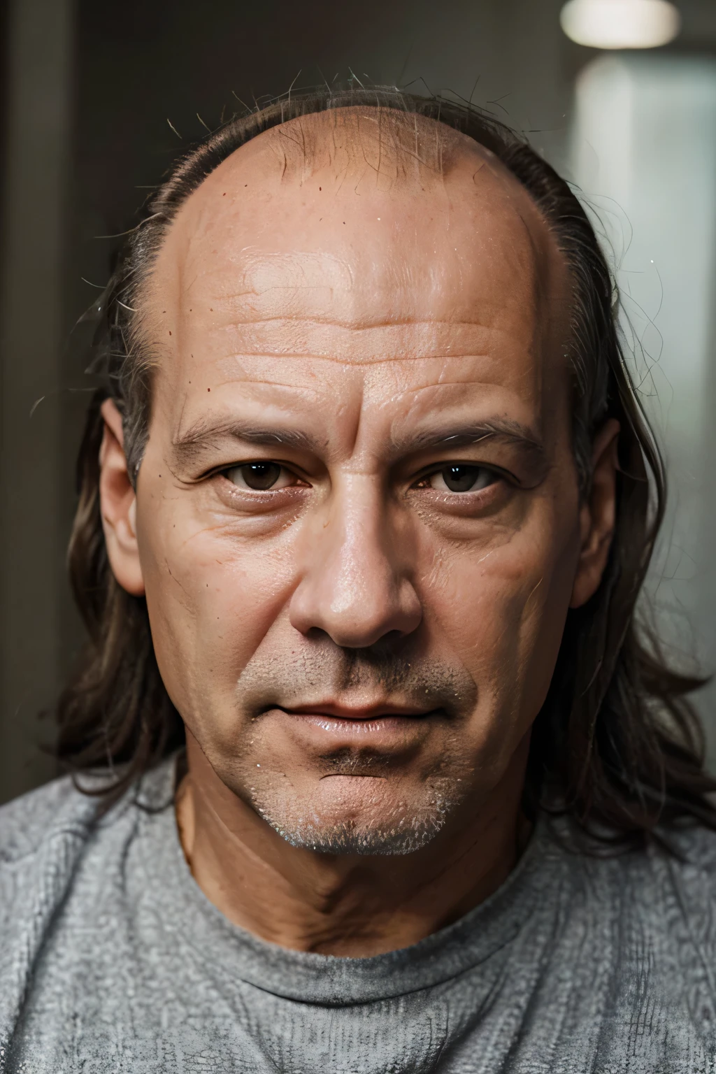 portrait, 50-year-old man, a lot of wrinkles, Long gray hair, without a beard, Brown eyes, with hair he looks like Bruce Willis, thick hair on the head without baldness