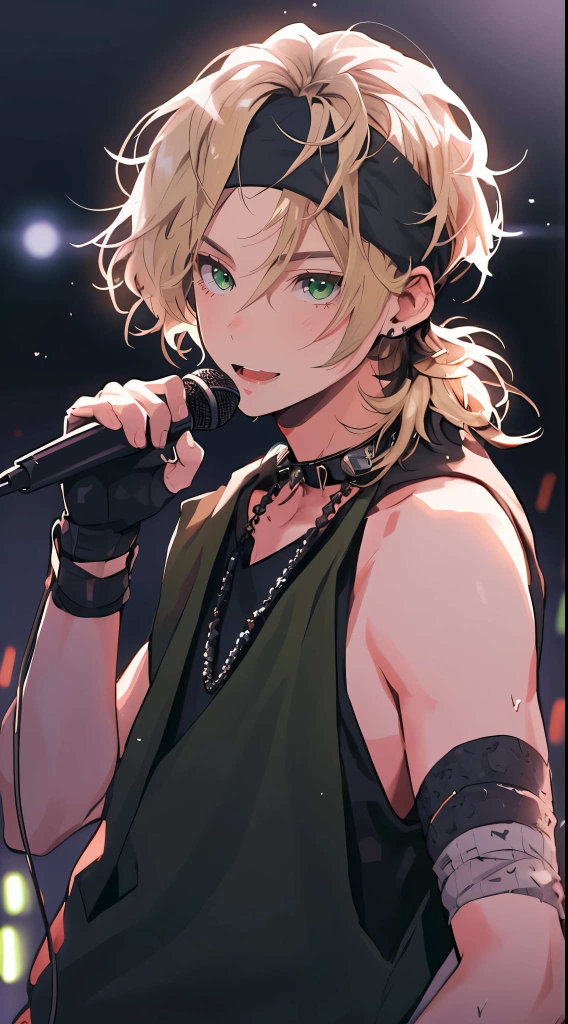Beautiful young man, blond hair, black sleeveless hoodie, black headband across forehead, playful expression, looking at camera, microphone in one hand, stage background, green stage lights, gradient background,high quality, amount of drawing, pixiv illustration