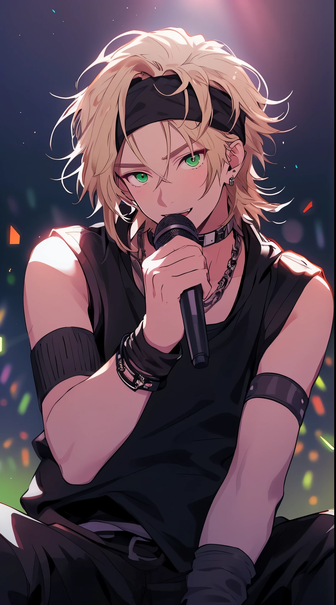 Beautiful young man, blond hair, black sleeveless hoodie, black headband across forehead, playful expression, looking at camera, microphone in one hand, stage background, green stage lights, gradient background,high quality, amount of drawing, pixiv illustration