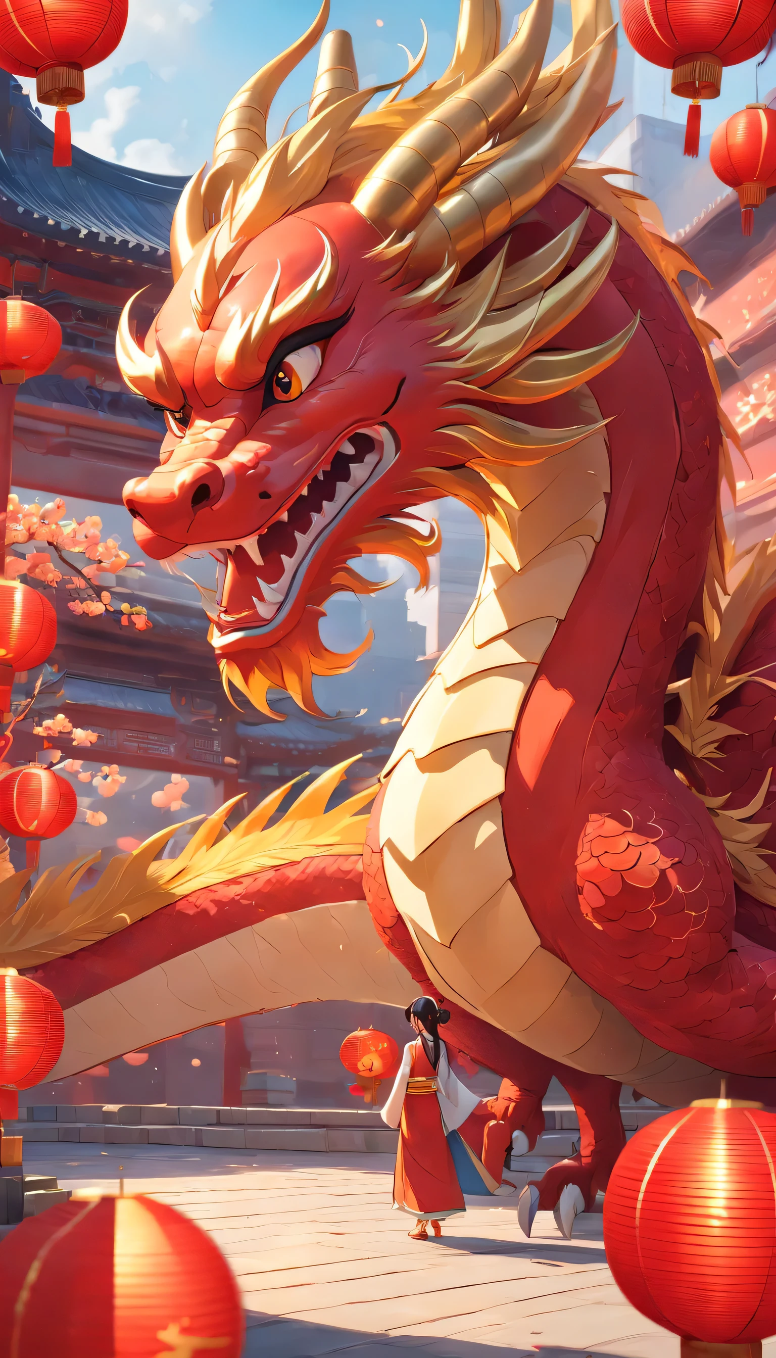 Chinese New Year,Red decoration on background,Ceramic golden red small Chinese dragon,Pixar, charming, Cartoonish,Business posters,There are decorations around,charming小龙, ,There are gold and red decorations, Chinese New Year festive background,smooth chinese dragon, 8k octave rendering photo, colored zbrush render, 3D rendering stylization, Chinese dragon concept art, Red realistic 3D rendering, Ultra-detailed rendering