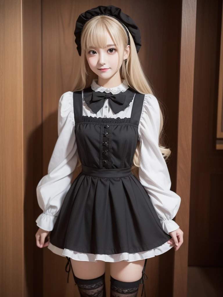 ((best qualtiy、8K masterpiece:1.3))、foco nítido:1.2、(ultra beautiful faces:1.0)、(shiny skins:1.0)、Photos realistic、blond hair、Video lighting、High-definition eyes and face、Video lighting、(Korean cute actress)、From the front side、Medium large breasts、ssmile、Slender Abs Beauty、Wear a knitted shirt with an asphalt collar、full photo、ID photo,Gothic ta clothes, Gothic Loliashion, long skirts, knee-high socks, boots, masterpieces, super high resolution, super high definition, super detailed, photo-like quality, 20 years old, female, cute, Japanese, great style, medium length, double eyelids, Tear bag, sexy lips, indoors, natural lighting, standing, composition that shows the entire body, details down to the fingers, smile,