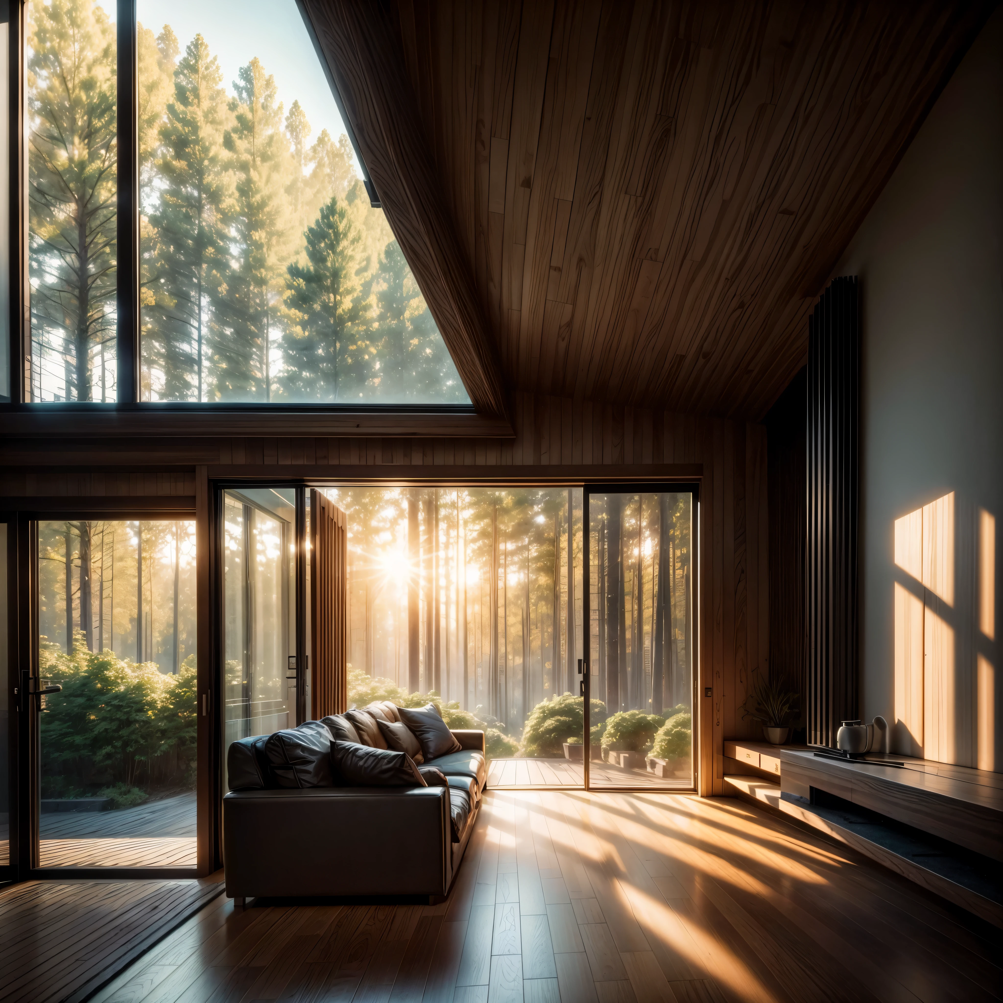 create interior of a modern villa in the forest, golden hour, cinematic lighting, photo realistic, concreate elements, render concreate, large modern residence, designed roofs, architectual visualization, architectural rendering, golden hour, render cozy environment, green elements, create interior with luxury and cozy atmosphere, green elements, photorealistic, wooden and concrete alements, sun shine through windows, photoreal,modern fireplace, view on dense forest, golden hour,