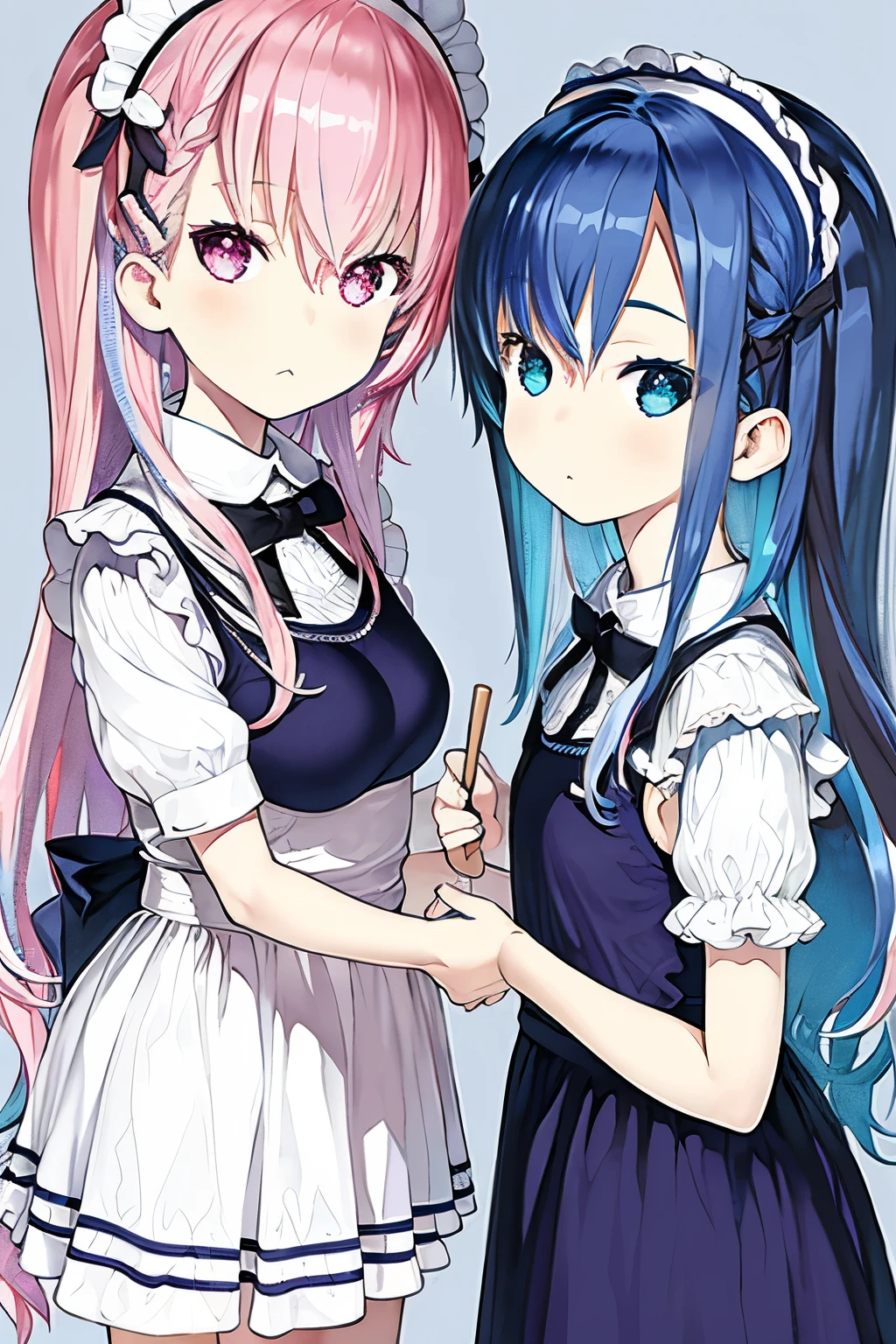 masterpiece,best quality,maid headdress,maid apron,((two-tone_hair,pink hair,blue hair)), purple eyes,(breast press),(blue dress,hair_bow,blue_bow),twin_braids,anchor_print, ((long hair)),