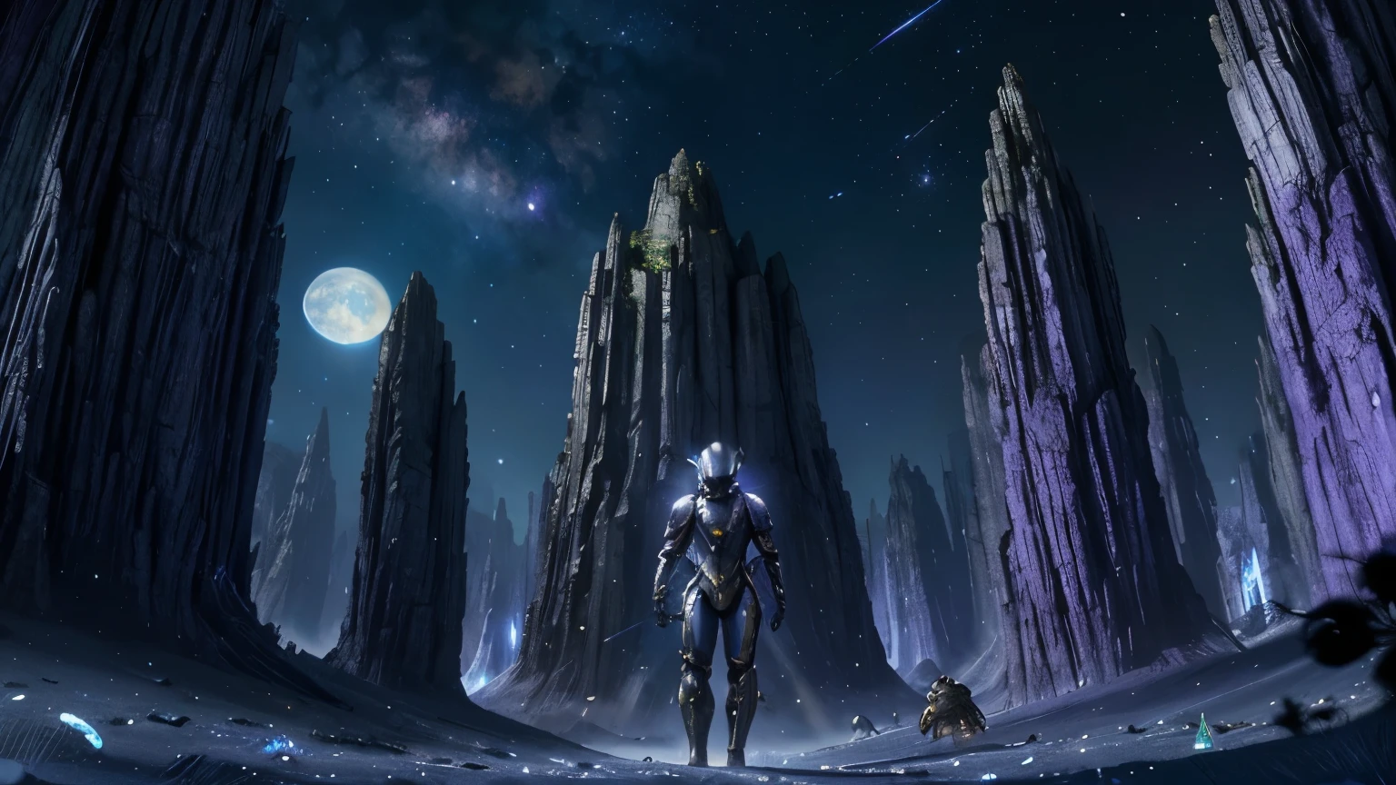 um close de uma pessoa com armadura espacial, alien armor, cavaleiro espacial, amazing epic concept art, Alien War, explosions, estilos arte fantasia, alien in a crystal forest, two moons in sky, luzes roxa e azul, purple dragon flying in the background, Night sky, High-quality graphics.