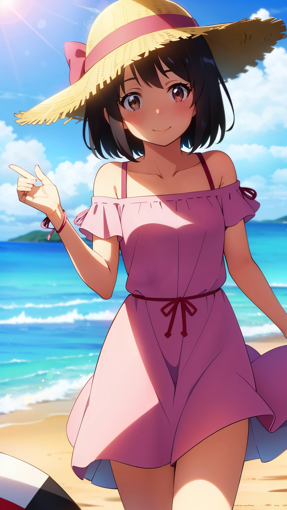 shinkai makoto, kimi no na wa., 1girl, bangs, black hair, blush, brown eyes, shiny skin, red headband, pink dress, straw hat, short hair, smile, cute, solo, looking at viewer, happy, summer beach, cloudy, blue sky, sunlight, lens_flare, bright, Splash
