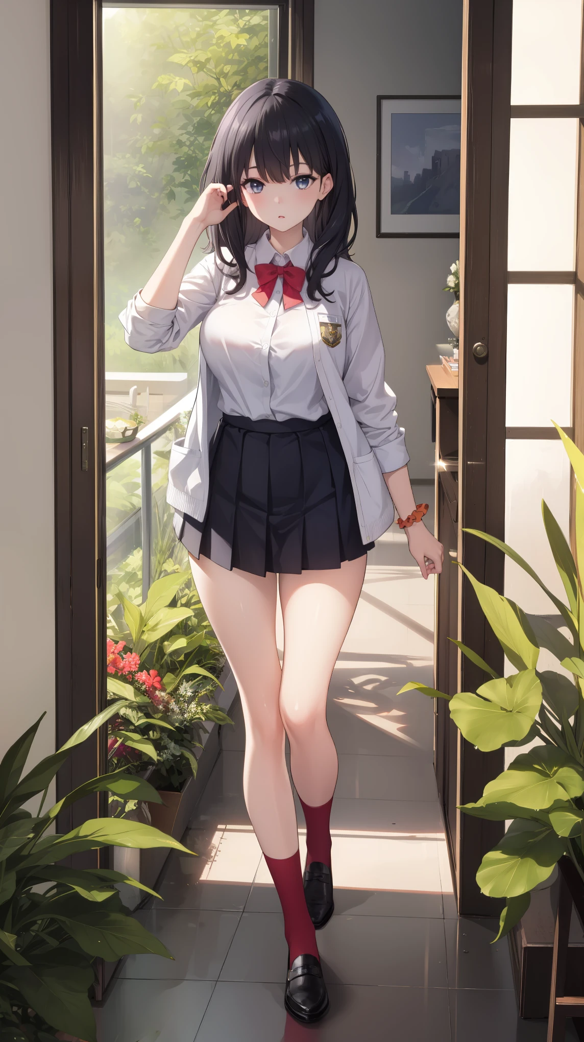 anime female character in school uniform, with short skirt,
BREAK
, rikka takarada, black hair, blue eyes, long hair, orange scrunchie, scrunchie, wrist scrunchie, (Beautiful,Huge_Breasts:1.3),
BREAK
, 1girl, solo, Standing in the garden, full body, full figure,
BREAK
, A breathtakingly beautiful garden filled with vibrant flowers, lush green plants, and a crystal-clear pond. The air is filled with the sweet scent of blooming flowers, and rays of golden sunlight gently filter through the leaves, creating a magical atmosphere, 
BREAK
, black footwear, black skirt, bow, bowtie, buttons, cardigan, collared shirt, long sleeves, microskirt, pleated skirt, red bow, red bowtie, red socks, school uniform, shirt, shoes, skirt, socks, thighs, white cardigan, white shirt, short skirt, 
BREAK
, beautiful detailed eyes, beautiful detailed lips, extremely detailed eyes and face, long eyelashes,
BREAK
, medium: oil painting, atmospheric lighting, dreamy color palette, detailed interior decoration, quiet and peaceful ambiance,
BREAK
, (best quality,4k,8k,highres,masterpiece:1.2), ultra-detailed, official art, extremely detailed CG unity 8k wallpaper, perfect lighting, Colorful, (best_quality:1.0), ultra high res,4K, ultra-detailed, 8K, HDR, high resolution,  absurdres:1.2, film grain, blurry background, (vibrant_color:1.2), (beautiful_face:1.5), (narrow waist),