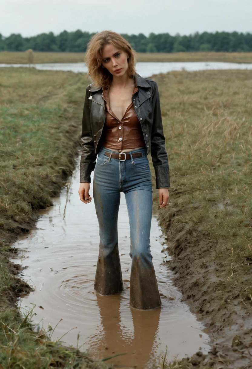 70s setting, film photo of vulnerable shy woman in muddy worn-out high waist flared jeans and leather jacket and blouse drowning in bog and demonstrate her sexual pervertion