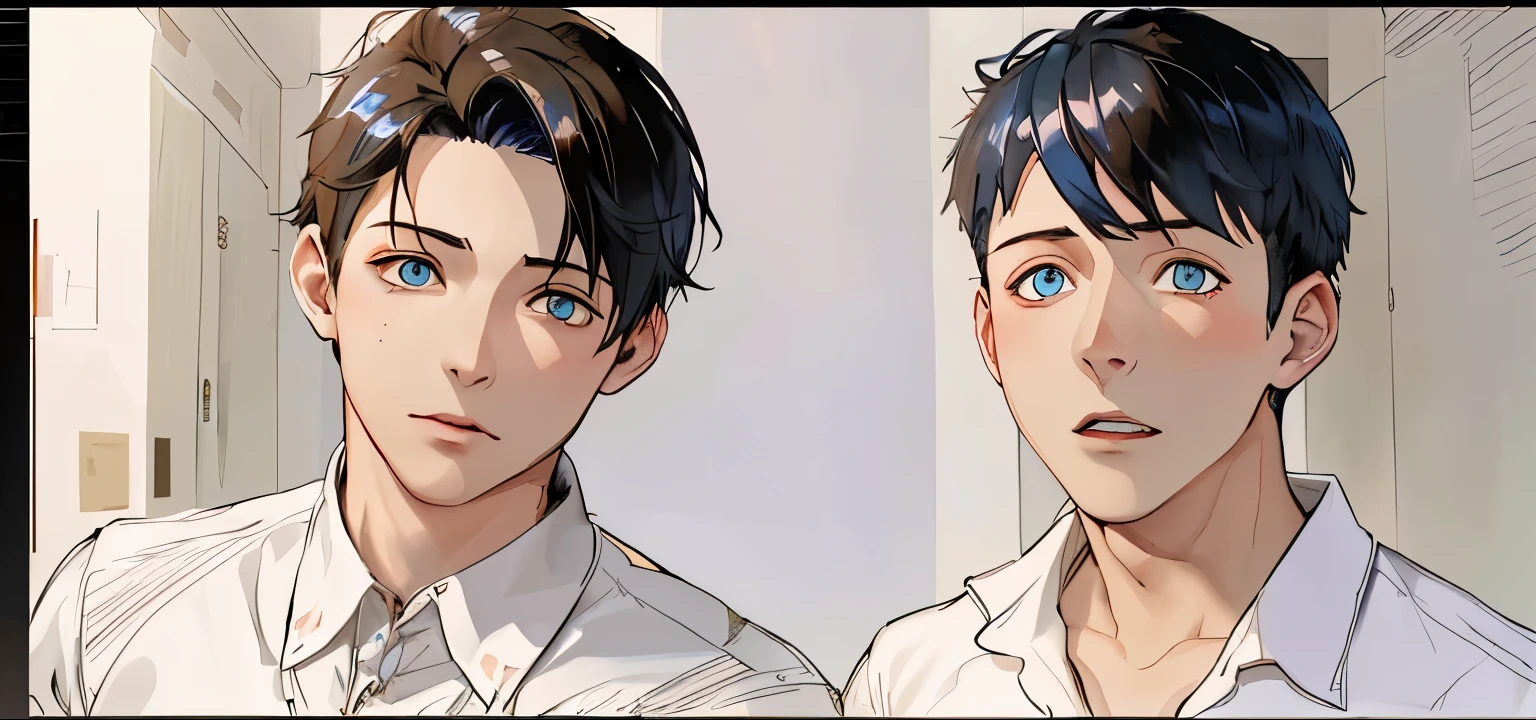 two boys, one of them has blue hair, blue eyes, they look with fear