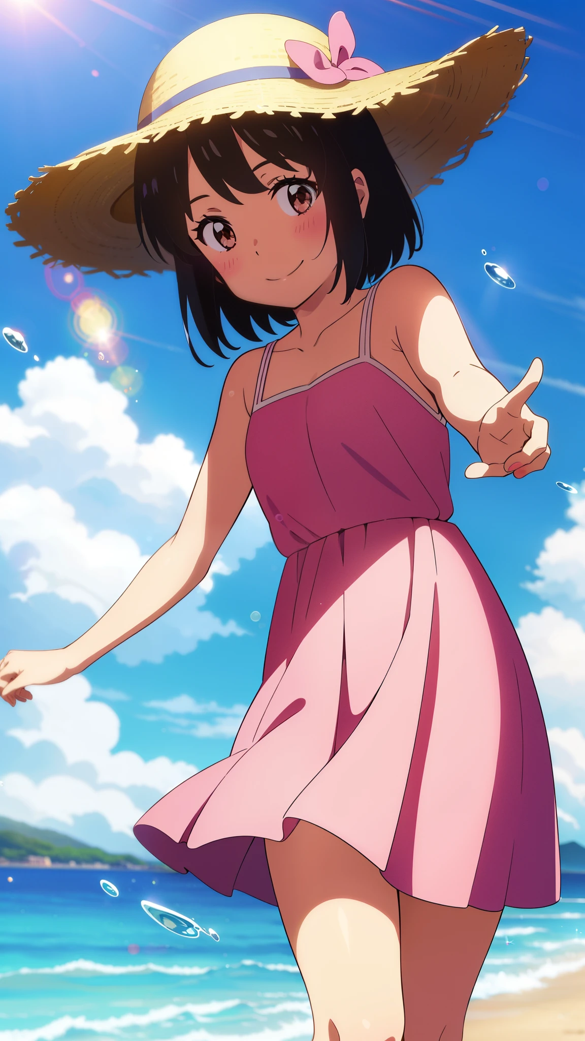 shinkai makoto, kimi no na wa., 1girl, bangs, black hair, blush, brown eyes, shiny skin, red headband, pink dress, straw hat, short hair, smile, cute, solo, looking at viewer, happy, summer beach, cloudy, blue sky, sunlight, lens_flare, bright, Splash
