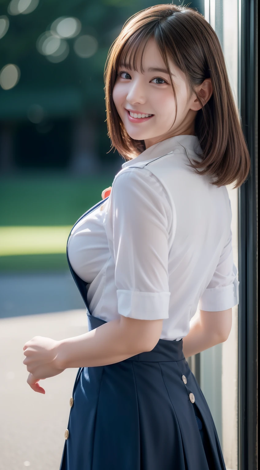 ((最high quality, 8K, masterpiece: 1.3)), (close:0.75), Realistic, Sharp focus, high quality, High resolution, Japanese middle-aged mature woman,Huge Busty Woman、36Middle-aged woman、Chubby body type、Mature woman with huge breasts (Wearing a white open-necked shirt and business suit)、 ((Very strong sunlight)), smile,Brown hair Sonyoung,かわいいsmile、Office district under the scorching sun、Cowboy Shot、In an image that emphasizes the chest area