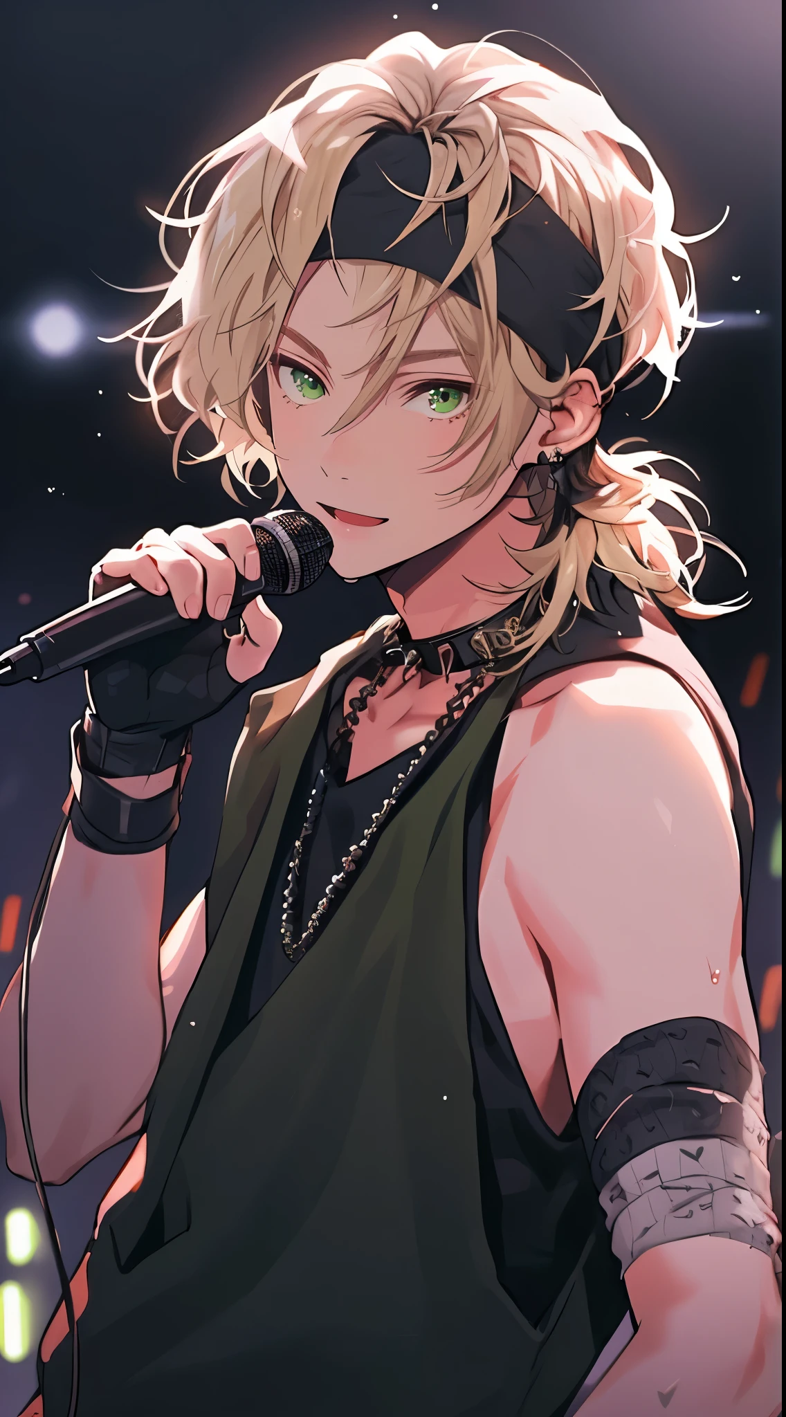 Beautiful young man, blond hair, black sleeveless hoodie, black headband across forehead, playful expression, looking at camera, microphone in one hand, stage background, green stage lights, gradient background,high quality, amount of drawing, pixiv illustration