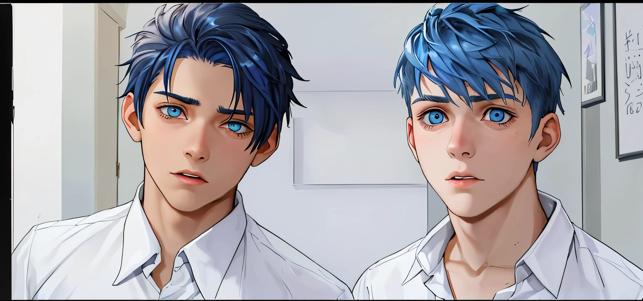 two  boys, one of them has blue hair, blue eyes, they look with fear