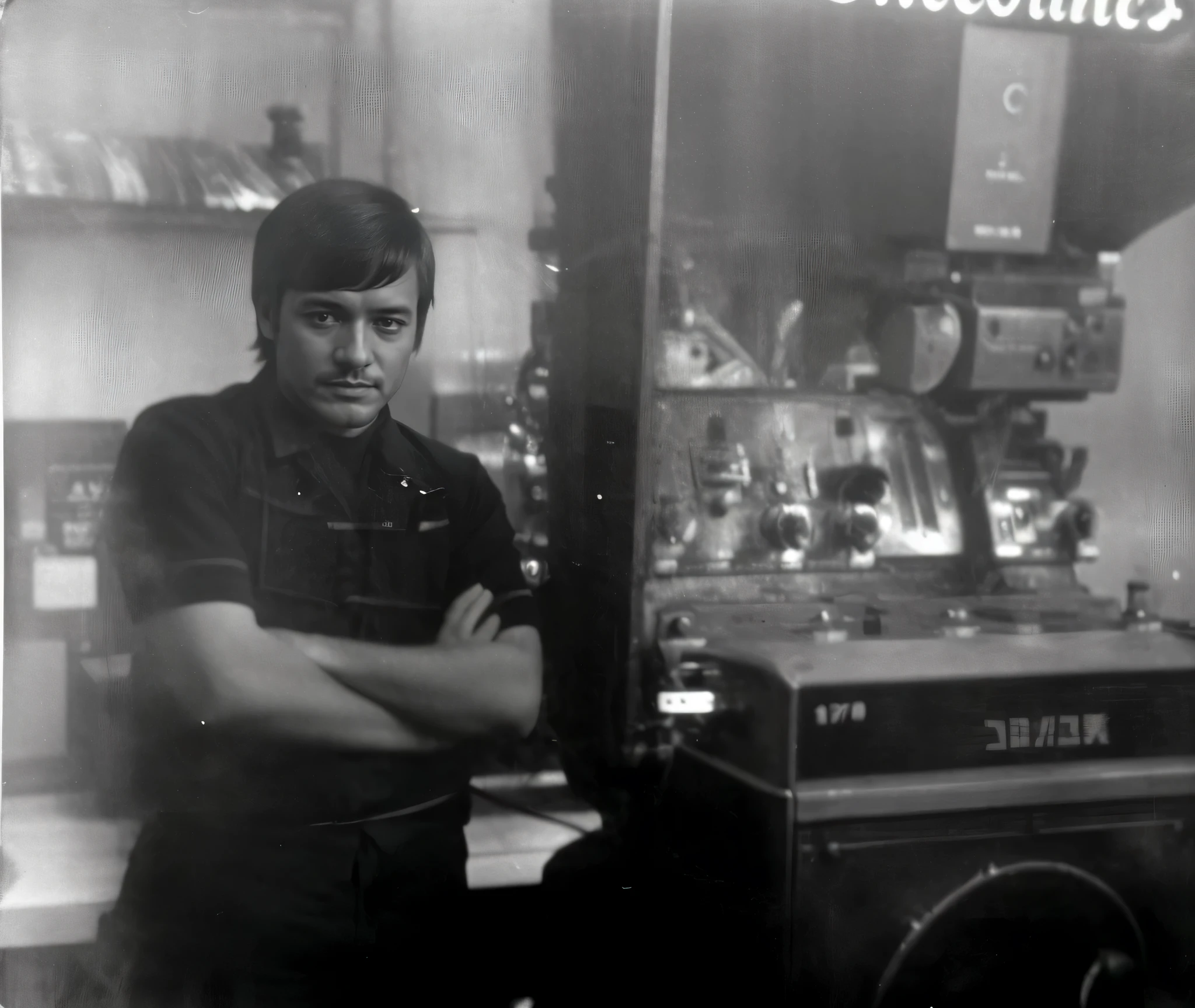 A black and white photograph of a man standing in front of a machine. , pixiv, neo-dada, Tin photography, 1970s, mejorado digitalmente