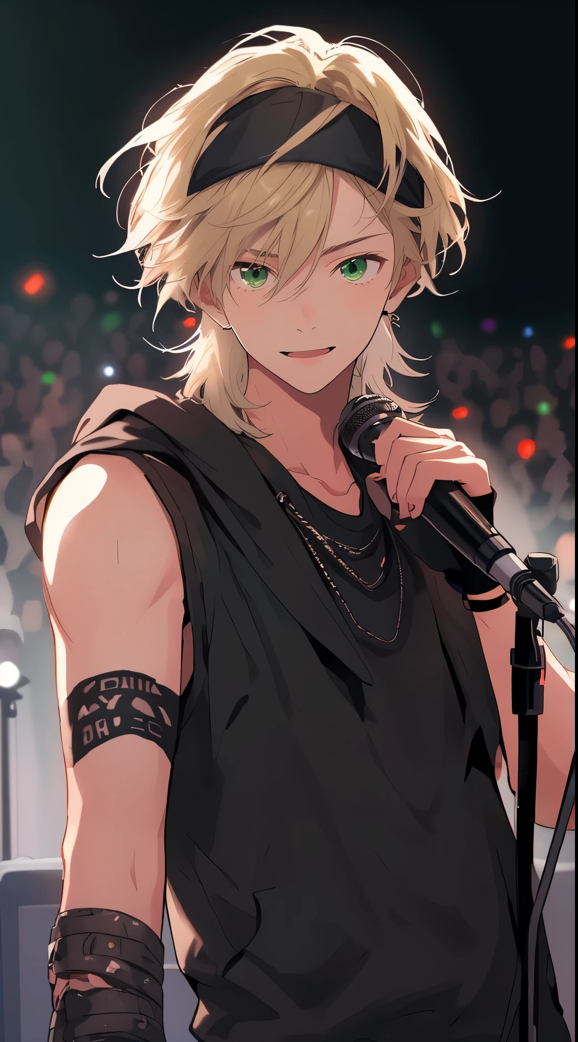 Beautiful young man, blond hair, black sleeveless hoodie, black headband across forehead, playful expression, looking at camera, microphone in one hand, stage background, green stage lights, gradient background,high quality, amount of drawing, pixiv illustration