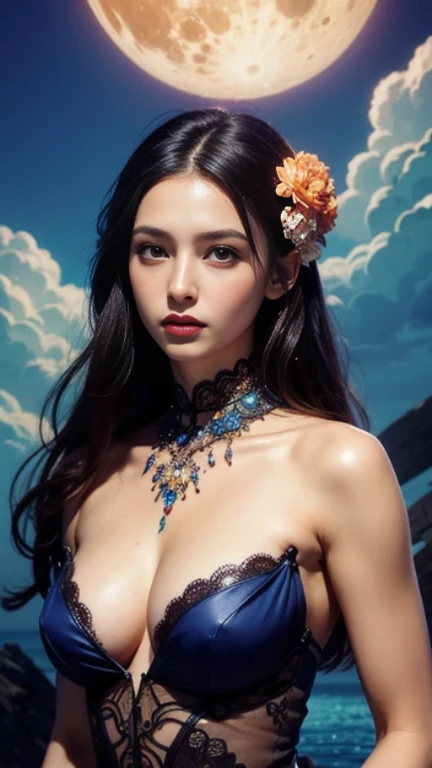 (masterpiece, top quality, best quality, official art, beautiful woman and aesthetic:1.2), (1girl), extreme detailed,(fractal art:1.3),colorful,highest detailed,upper body, [lace],[jewelry],[flower],[[butterfly]] , upper body , large moon at the sea background