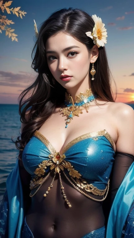 (masterpiece, top quality, best quality, official art, beautiful woman and aesthetic:1.2), (1girl), extreme detailed,(fractal art:1.3),colorful,highest detailed,upper body, [lace],[jewelry],[flower],[[butterfly]] , upper body , large moon at the sea background