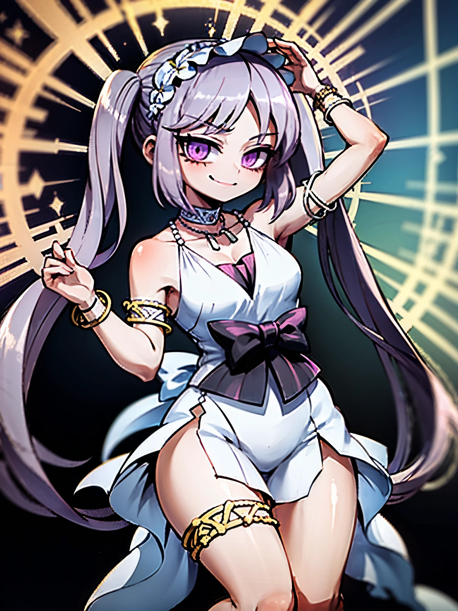 euryale fate, purple hair, twintail hair, greek outfits, golden bracelets, 