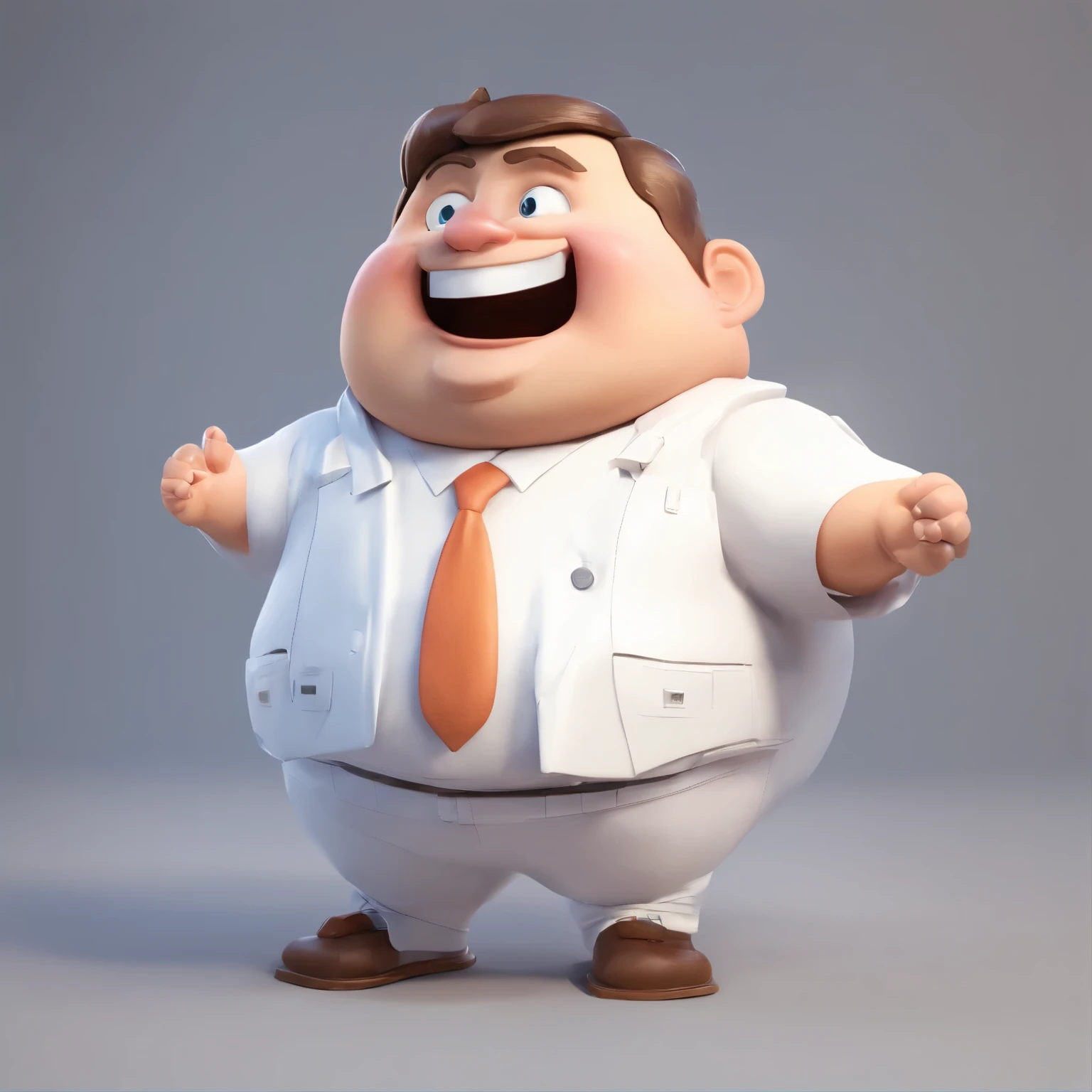 Fat boy with chubby face,wide mouth smile,Big eyes,3D ,White suit, sandals