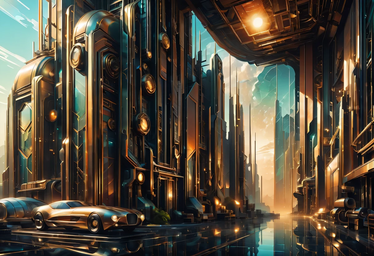 art deco design，Industrial plants，streamline moderne，industrial aesthetic，Abstraction，futuristic，Glass and metallic texture，Light luxury，Use clean lines and geometric shapes，Demonstrate the construction and function of mechanical and industrial components。
