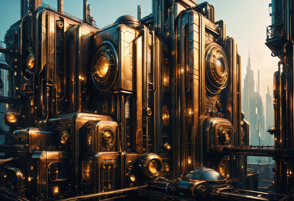 art deco design,Industrial plants,streamline moderne,industrial aesthetic,Abstraction,futuristic,Glass and metallic texture,Light luxury,Use clean lines and geometric shapes,Demonstrate the construction and function of mechanical and industrial components。