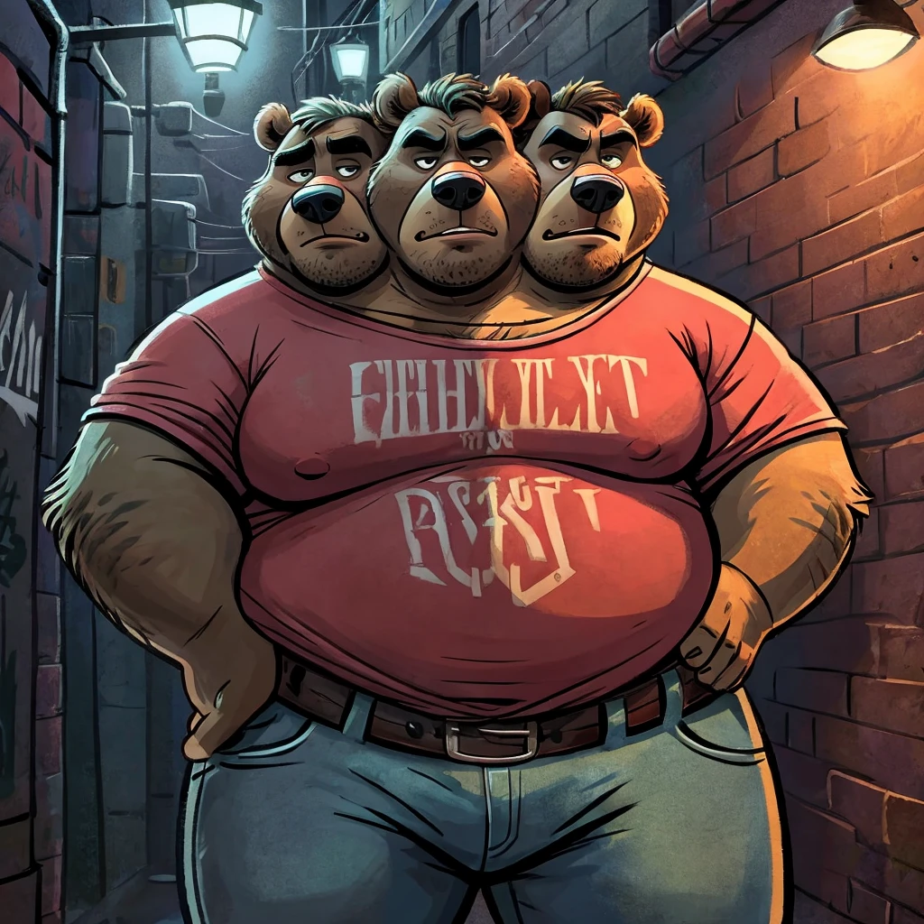 three heads one body, grizzly bear, grumpy, frowning, tired, annoyed, obese, bloated, fat, older male, old, dark alley background, streetlight, graffiti, anatomically correct eyes, pink button down, jeans, belt, sweaty, hairy, gross, hands on hips, green theme, disgusting style, masculine style, Dreamworks style, Pixar style, Disney style, rugged style, dirty style, gray hair, eyes looking down, cheek to cheek