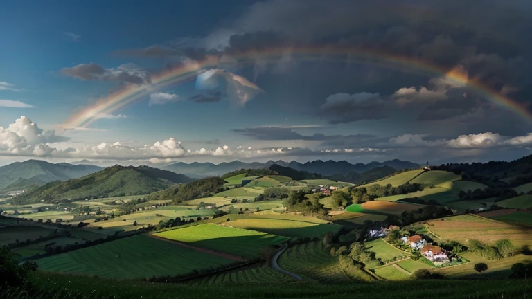 An enchanting landscape of Alegrolândia, with green hills, a bright blue sky and a rainbow in the background, conveying the magical atmosphere of the city.