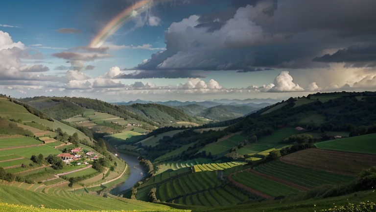 An enchanting landscape of Alegrolândia, with green hills, a bright blue sky and a rainbow in the background, conveying the magical atmosphere of the city.