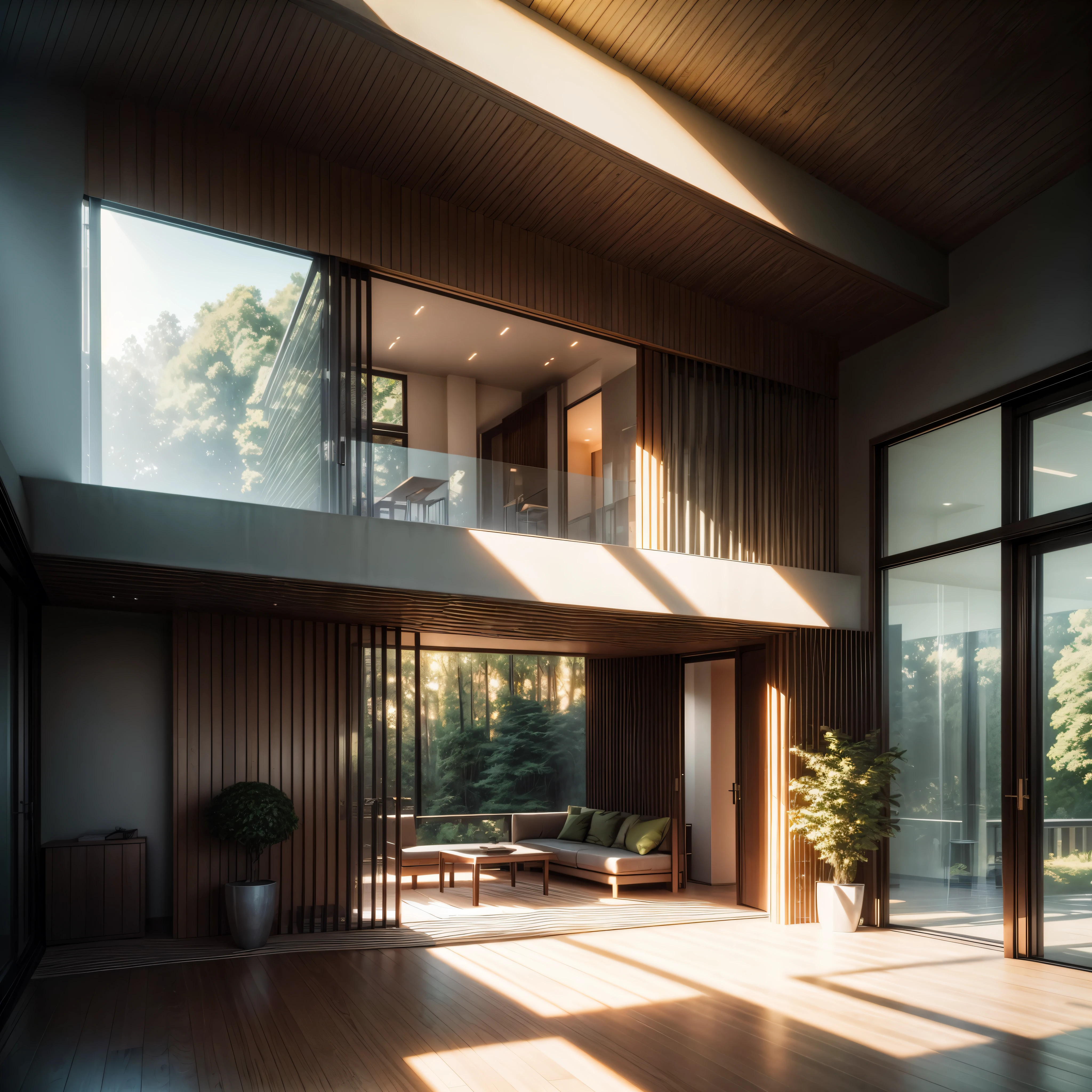 create interior of a modern villa in the forest, golden hour, cinematic lighting, photo realistic, concreate elements, render concreate, large modern residence, designed roofs, architectual visualization, architectural rendering, golden hour, render cozy environment, green elements, create interior with luxury and cozy atmosphere, green elements, photorealistic, wooden and concrete alements,