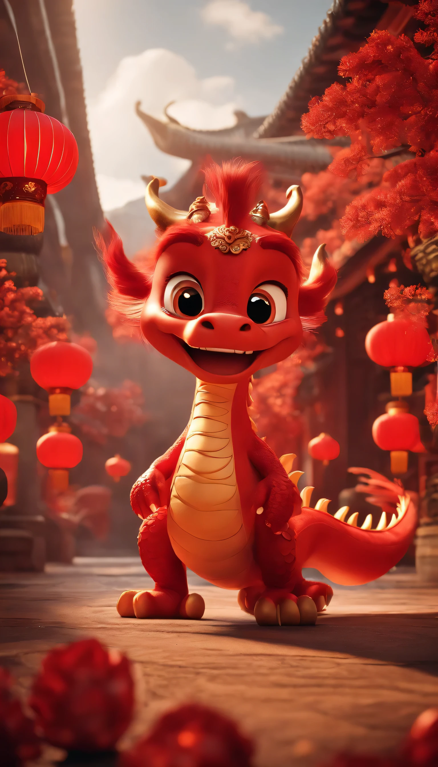 CNY,Red中国龙宝宝,No wings,Ancient city celebration,nobody,Red decoration on background,Red,Pixar, charming, Cartoonish,Business posters,There are decorations around,happiness, Speechless
