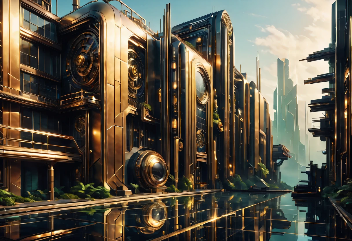 art deco design,Industrial plants,streamline moderne,industrial aesthetic,Abstraction,futuristic,Glass and metallic texture,Light luxury,Use clean lines and geometric shapes,Demonstrate the construction and function of mechanical and industrial components。