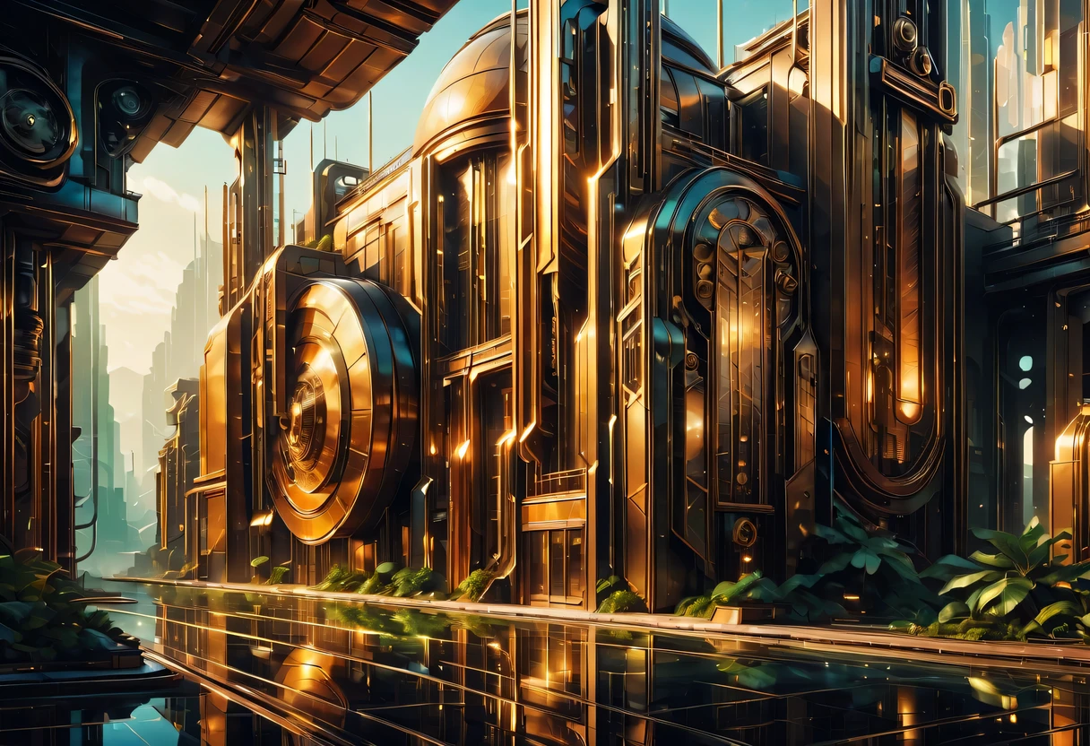 art deco design,Industrial plants,streamline moderne,industrial aesthetic,Abstraction,futuristic,Glass and metallic texture,Light luxury,Use clean lines and geometric shapes,Demonstrate the construction and function of mechanical and industrial components。