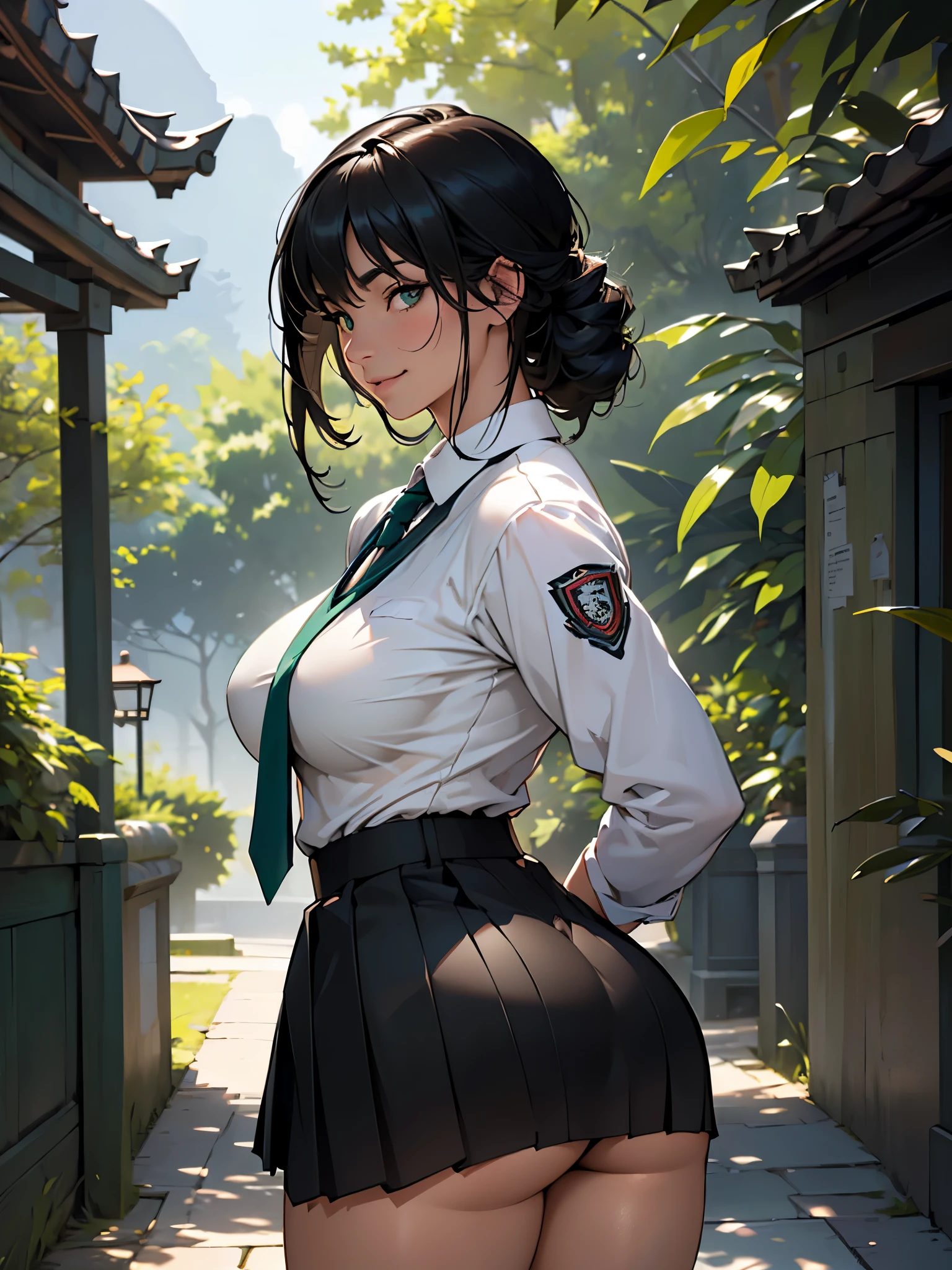 (ultra-detailed, highres, photorealistic:1.37), black-haired young girl, green, beautiful detailed eyes, gentle smile, temple surroundings, school uniform, stunning appearance, beautiful curves, large breasts and buttocks.