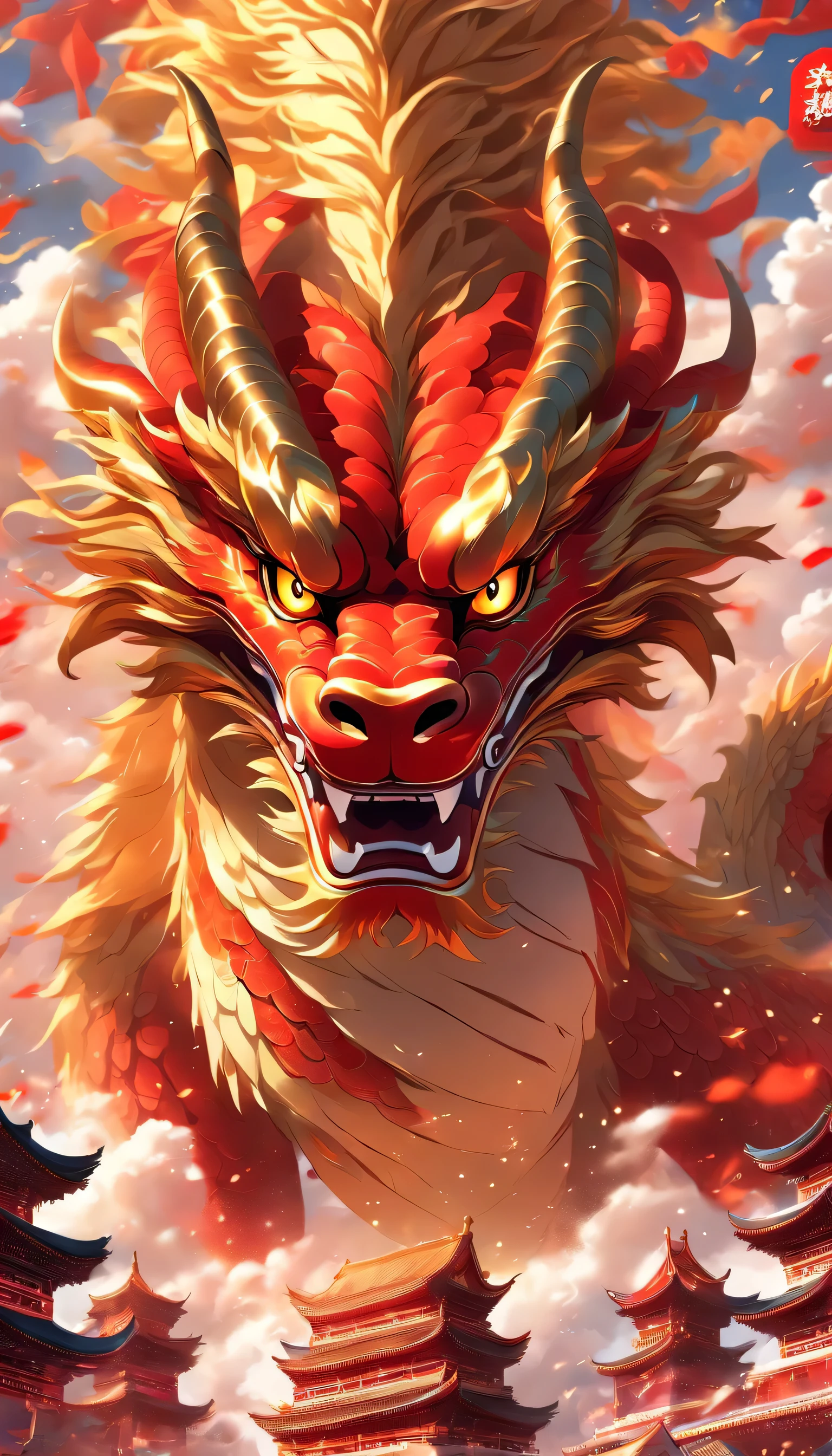 CNY,一条金Red中国龙,fly in the sky,thick clouds,Ancient Chinese city celebrates,nobody,Red decoration on background,Red,Pixar, charming, Cartoonish,Business posters,There are decorations around,happiness, Speechless