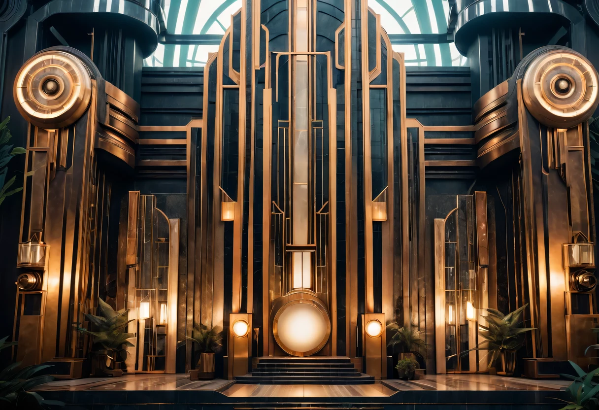 art deco design,Industrial plants,streamline moderne,industrial aesthetic,Abstraction,futuristic,Glass and metallic texture,Light luxury,Use clean lines and geometric shapes,Demonstrate the construction and function of mechanical and industrial components。