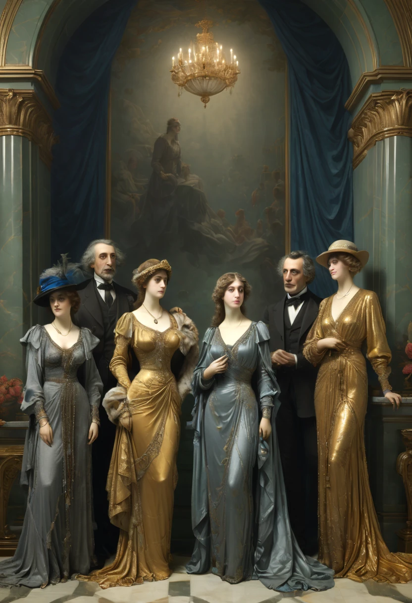 Art Deco, family guests, luxury clothes, by Gustave Doré, best quality, masterpiece, 8k