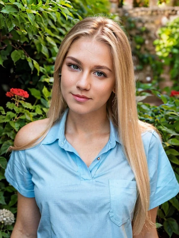 upperbody portrait photo of one beautiful 23 y.o woman with pretty face, 8k uhd, high quality, cinematic, posing in the garden, blonde long hair with brown roots, blue eyes,