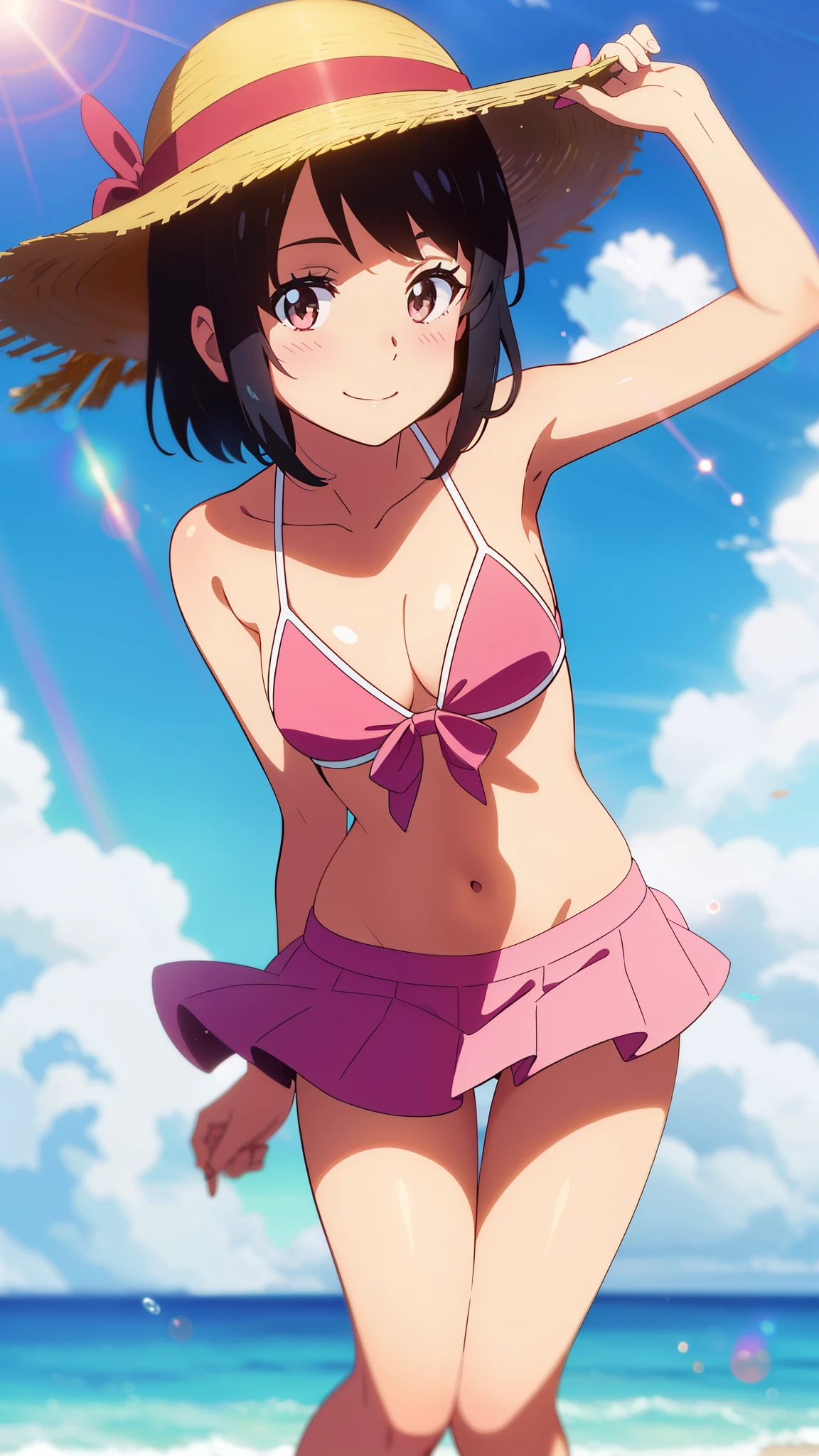 shinkai makoto, kimi no na wa., 1girl, bangs, black hair, blush, brown eyes, shiny skin, red headband, pink bikini, pink short skirt, straw hat, short hair, smile, cute, solo, looking at viewer, happy, summer beach, cloudy, blue sky, sunlight, lens_flare, bright, Splash