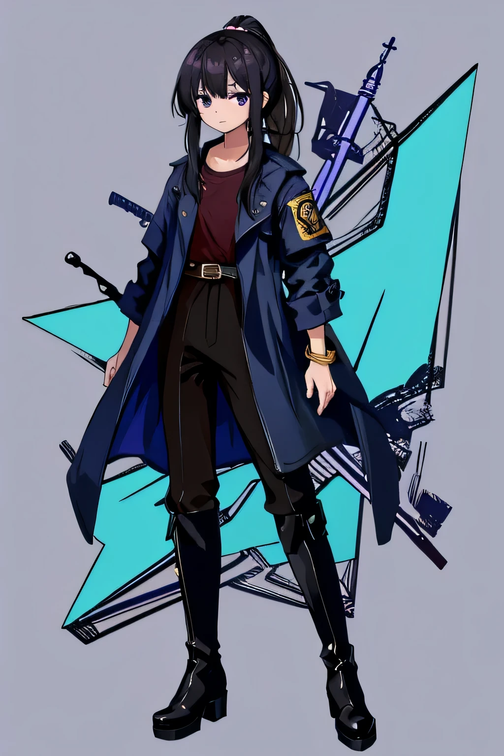 Hino Tatsuhiko,fantasy style, with swords, handsome figure, neutral, Mid-teens, detailed long hair, high ponytail, fine black hair, silky hair, cute anime face, ?, purple eyes, bright skin, bracelet, Clothes, black pants, boots, ペールブルーのClothes,