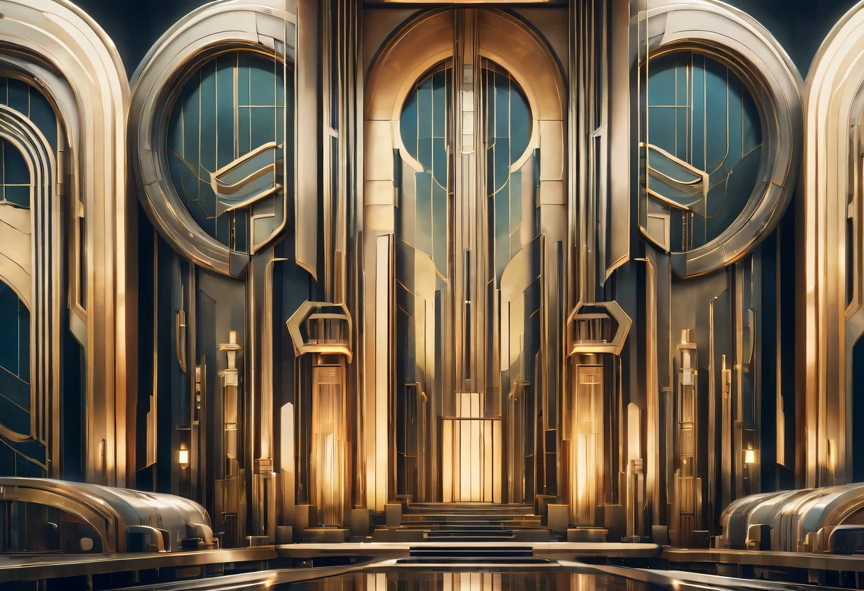art deco design,Industrial plants,streamline moderne,industrial aesthetic,Abstraction,futuristic,Glass and metallic texture,Light luxury,Use clean lines and geometric shapes,Demonstrate the construction and function of mechanical and industrial components。