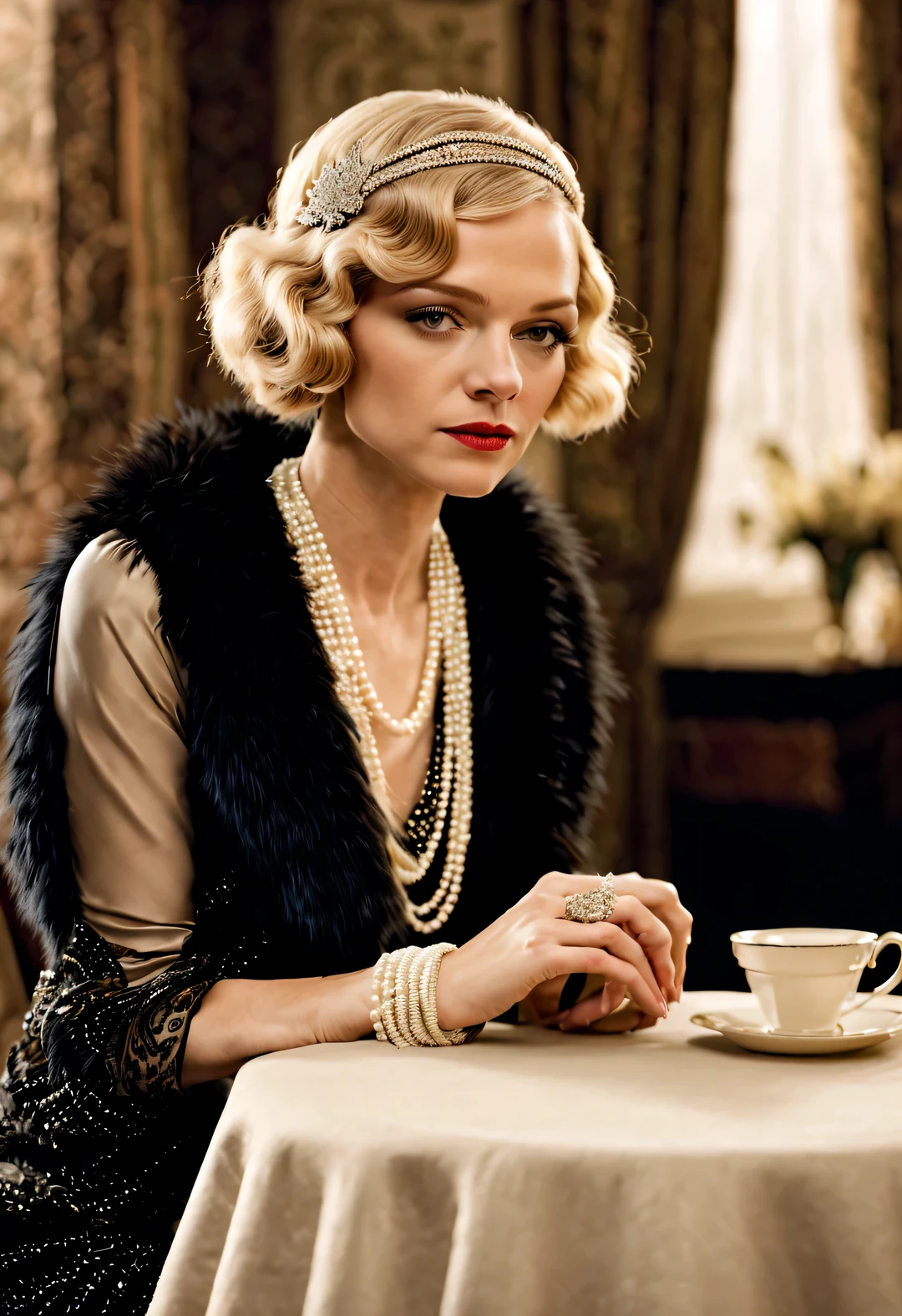 Woman wearing fashionable clothes sitting at table,Coffee on hand, The atmosphere of the 1920s, 1 9 2 0 s style, 1920s style, Roaring 20s, 1 9 2 0 s fabric style, Dressed in 1920s fashion, roaring twenties, Dystopian retro 1920s vibe, Art Deco era,(blond:1.34),Carey Mulligan(Carey Mulligan)Wearing a fur coat,Wear pearl jewelry,Advanced custom lace clothing,perfect fingers,bright, White skin,super clear, &Quote;Great Gatsby&Quote; stills,Luxurious Pearl and Diamond Ring,bracelet,crown,Dressed in 1920s fashion, 1920s hairstyles, 1 9 2 0 s style, 1 9 2 0 clothes, 1 9 2 0 s fabric style,Art Deco,