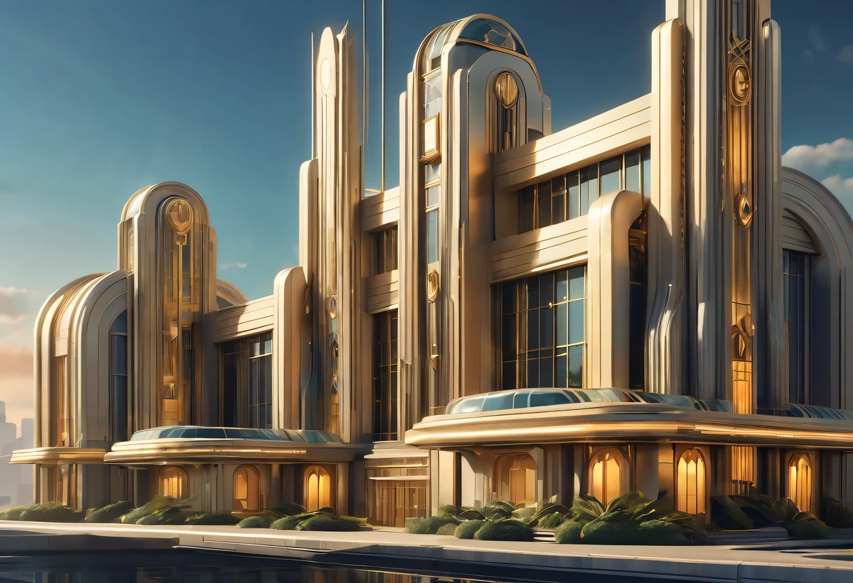 art deco design，Industrial plants，streamline moderne，industrial aesthetic，Abstraction，futuristic，Glass and metallic texture，Light luxury，Use clean lines and geometric shapes，Demonstrate the construction and function of mechanical and industrial components。