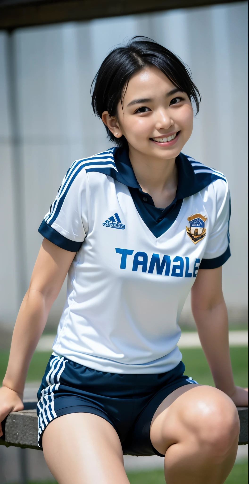 (8K、Raw photography、highest quality、masterpiece:1.2),(black haired、very short hair:1.9),show viewer,Looking at the front,erotic,白いskin,(wearing a blue and white soccer uniform:1.6)、(Clothing that emphasizes the shape of your chest、publish one'skin:1.6)、(big :1.4)、slim body shape、ultra high resolution,beautiful,beautiful fece,(alone, alone、no background:1.9),whole bodyボディー,japanese woman,(Photoreal:1.37)、photon mapping,reality、(Cute with a baby face: 0.6)、(cute smile: 1.7)、(With a round face: 1.8)、radio city、Physically based rendering、depth of field rally background、photograph, (I can see your knees,close up of thighs、Too short pants、camel toe:1.4),whole body、super fine