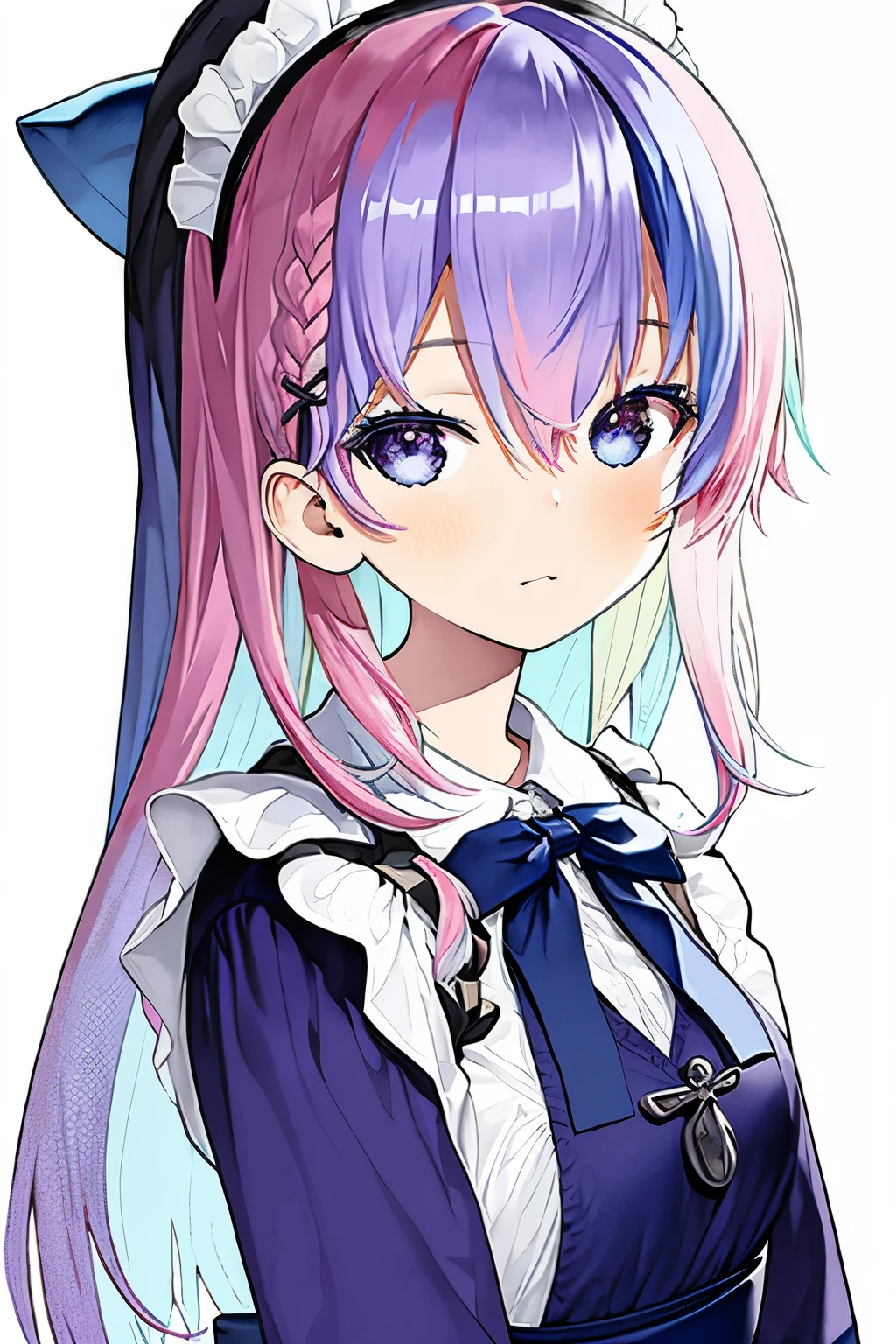 masterpiece,best quality,maid headdress,maid apron,((two-tone_hair,pink hair,blue hair)), purple eyes,(breast press),(blue dress,hair_bow,blue_bow),twin_braids,anchor_print, ((long hair)),