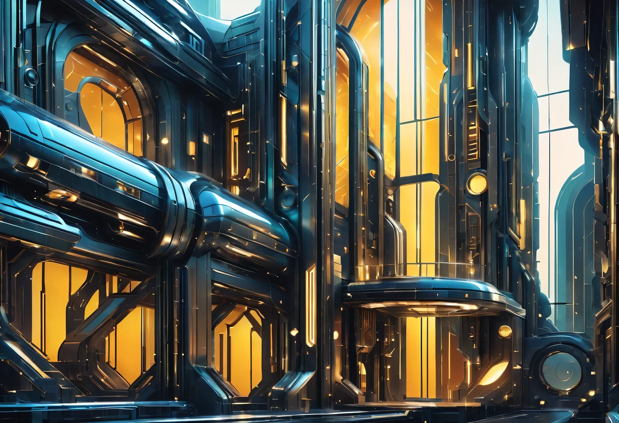 art deco design，Industrial plants，streamline moderne，industrial aesthetic，Abstraction，futuristic，Glass and metallic texture，Light luxury，Use clean lines and geometric shapes，Demonstrate the construction and function of mechanical and industrial components。