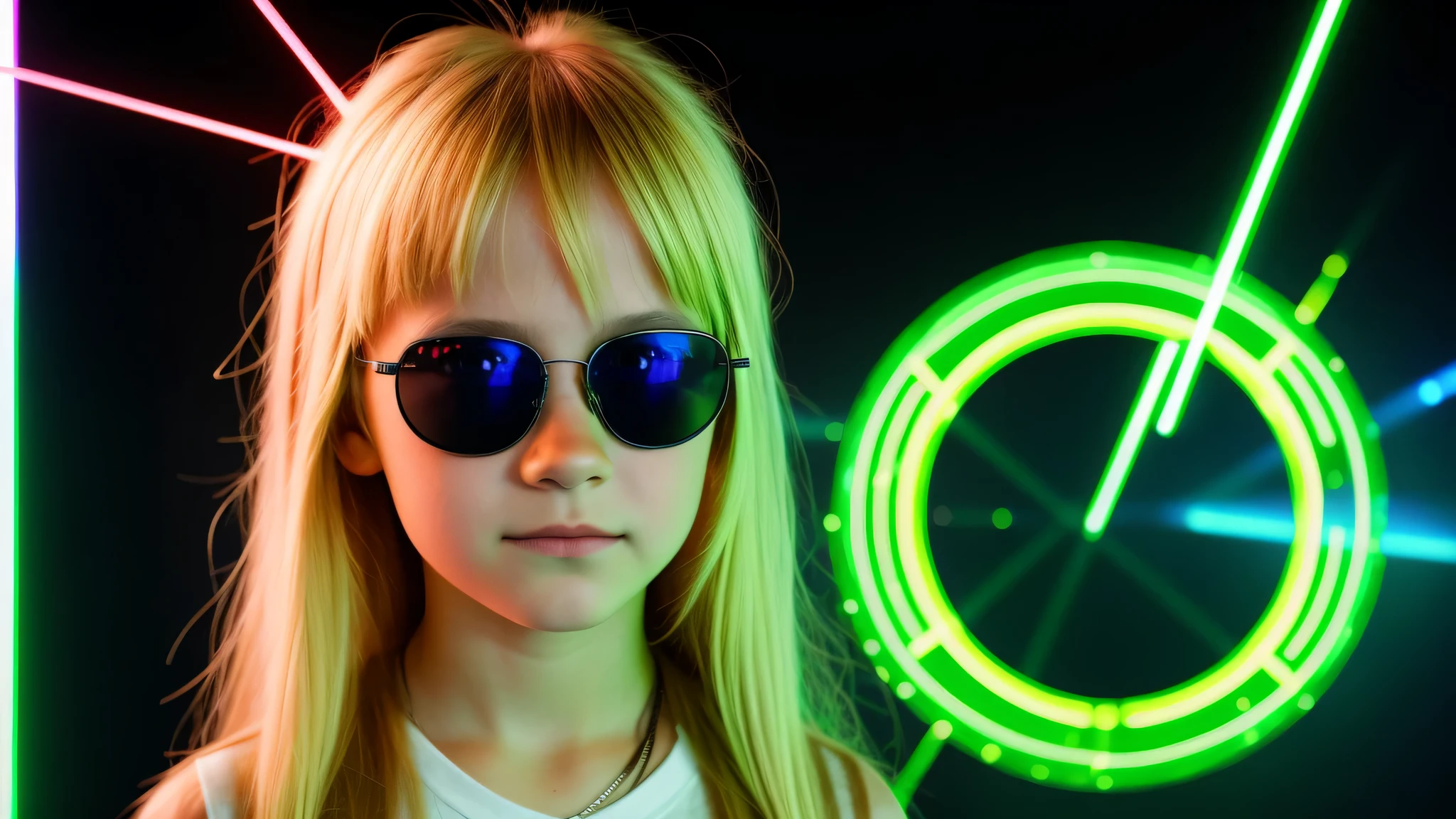 image of a kids girls blonde with sunglasses and a sign, halo on fire, heavy metal band promo, green lasers.