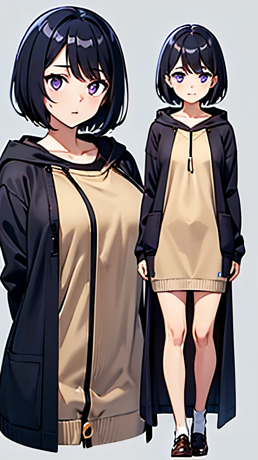 cute,cute, 1 girl, alone, black hair, pixie cut, bangs, purple eyes, whole body, From Adobe, Severe, Oversized cardigan with patch pockets and hood, break simple background, wide shot, Overall view, Face from feet, younger sister